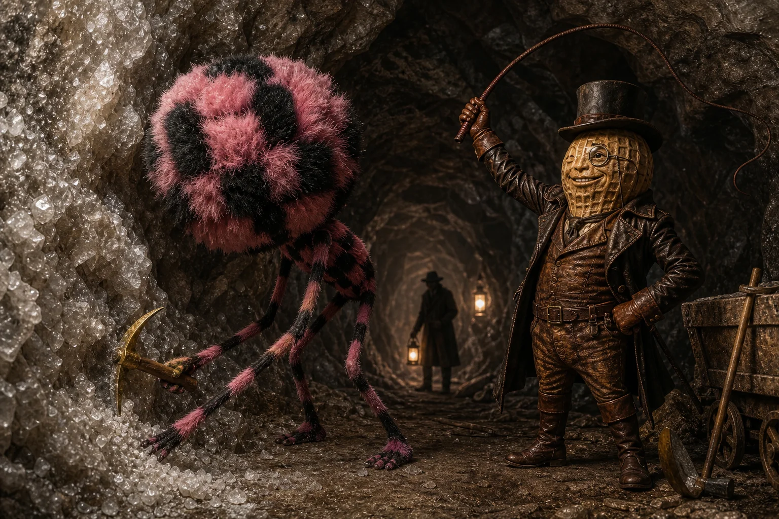 A fantastical black-and-pink fluffy worker with an oversized head and long limbs mines a salt wall with a golden pickaxe, while a gentleman peanut overseer raises a whip in a vast, dusty underground salt mine.