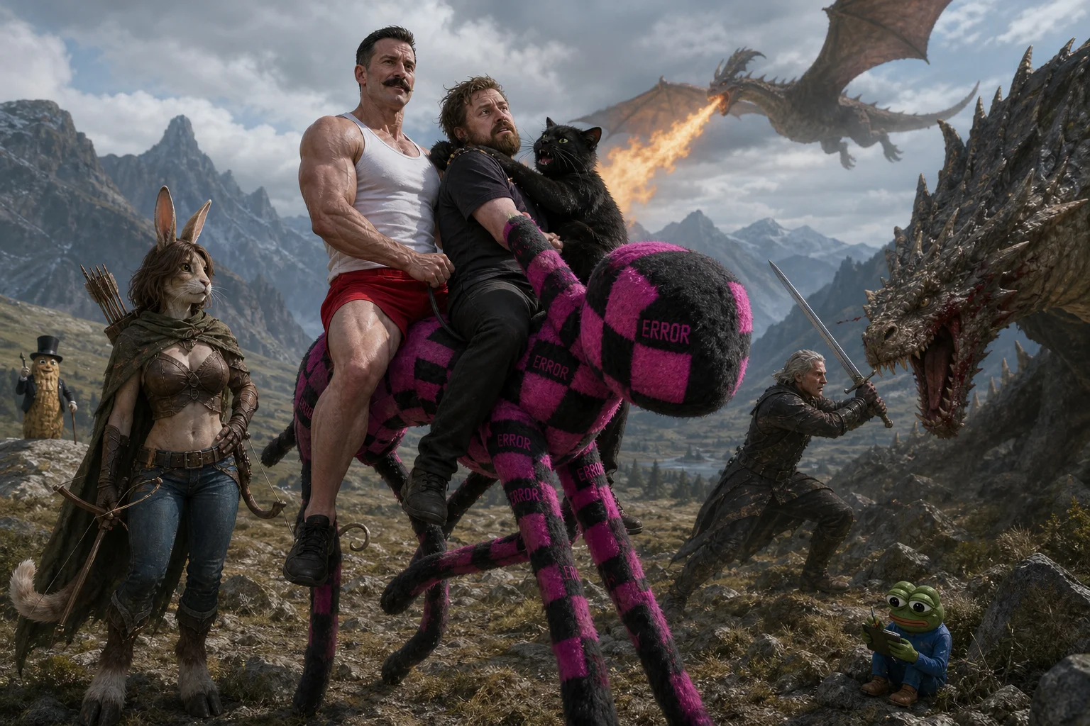 In a rugged Skyrim-like mountain valley, two men ride a bizarre black-and-pink long-limbed creature as a black cat grapples one rider, while a ranger and swordsman battle dragons in the cinematic wilderness.