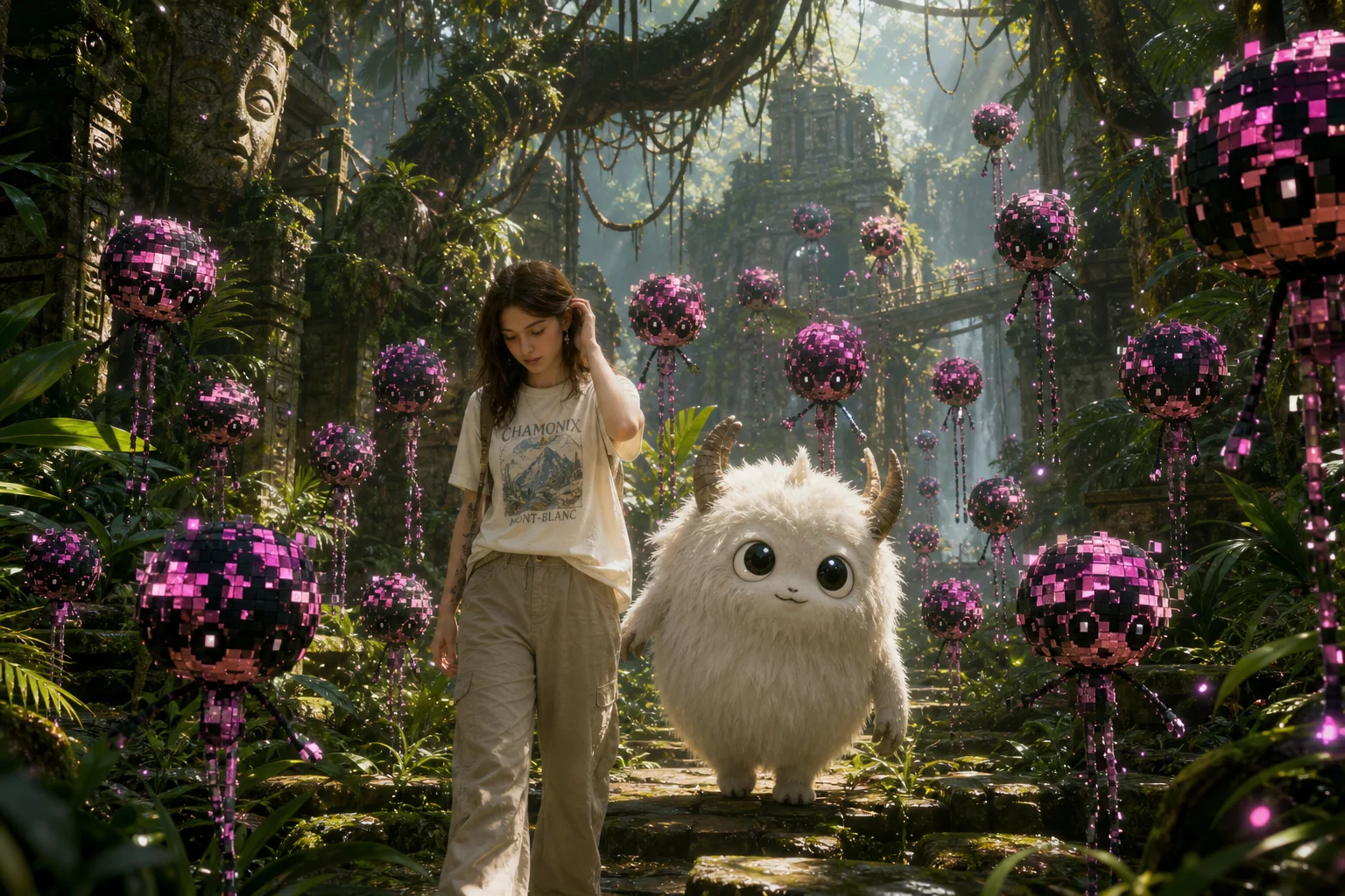 A fluffy white horned creature and a shy singer explore dense tropical jungle ruins with towering vines, drifting mist, dappled light, and thirty whimsical glitch-like fairies.