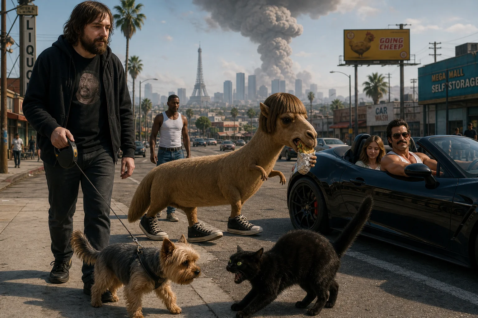 A busy Los Santos street scene shows a man walking a Yorkshire Terrier as a green-eyed cat hisses nearby, with a sports car, pedestrians, the Eiffel Tower, and a distant mushroom cloud on the horizon.