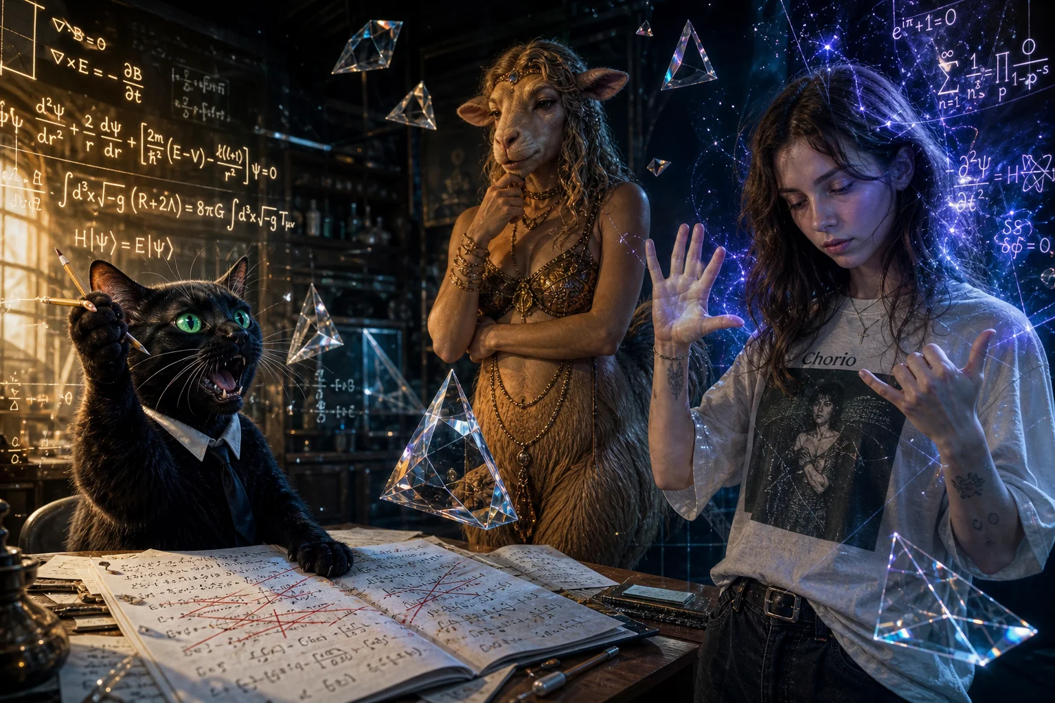 A powered-up black cat struggles with glowing equations in a surreal mathematical laboratory while a shy singer radiates blue-violet energy and a camel-human hybrid studies the fractured, prism-filled scene.