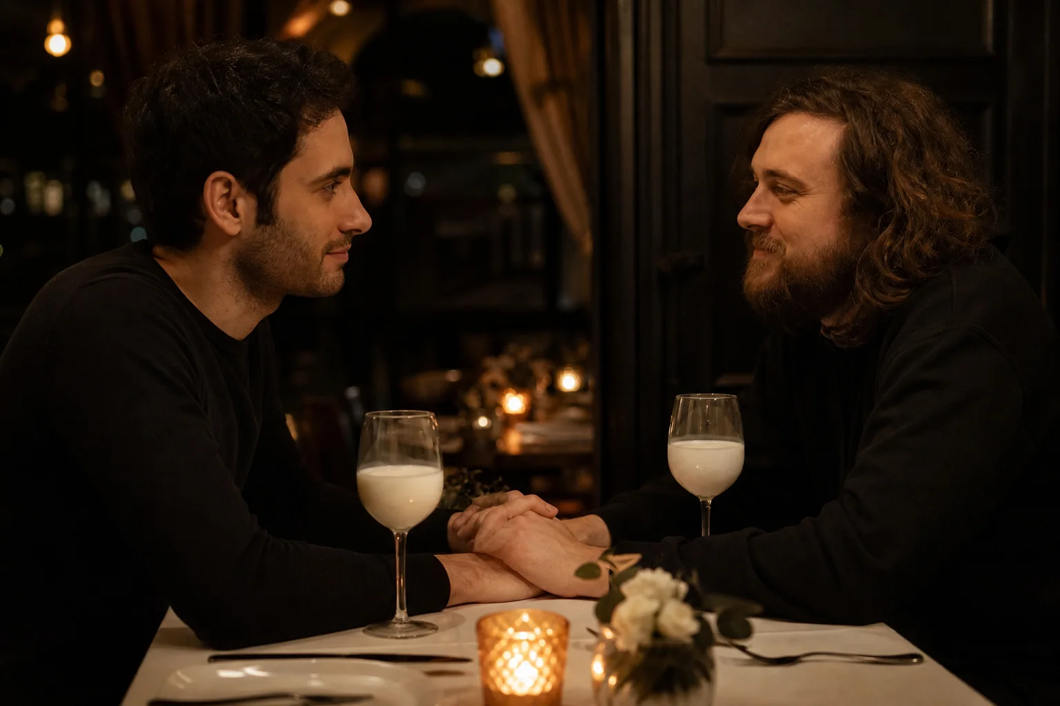 Two streamers share a quiet dinner, holding hands across an elegant candlelit table in a dimly lit restaurant corner, with milk-filled glasses and a relaxed romantic atmosphere.