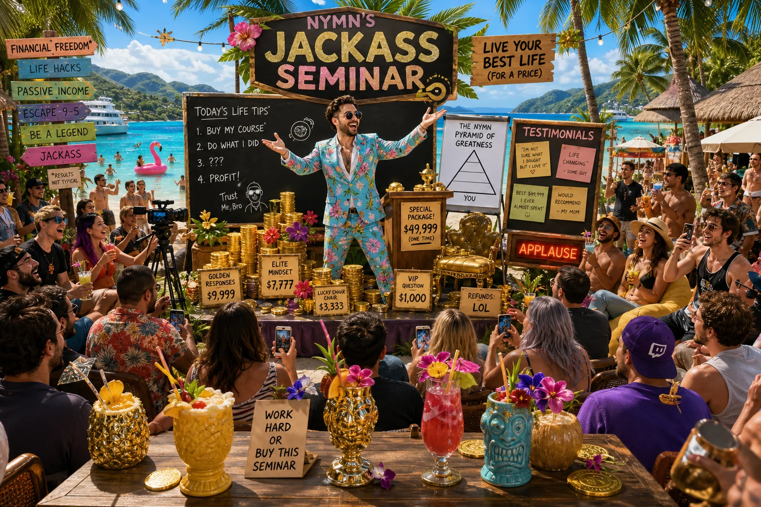 A flamboyantly dressed fictional streamer presents absurdly expensive life tips on a comedic beachside stage as a laughing crowd watches amid tropical palms, turquoise water, colorful umbrellas, and ornate fruit cocktails.