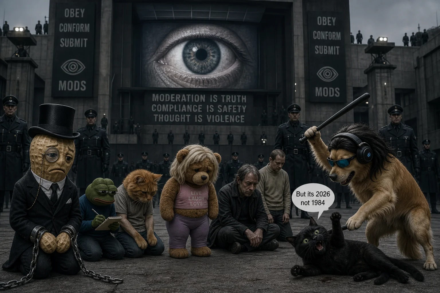 A surreal dystopian prison square is dominated by a giant surveillance eye, while a shackled gentleman peanut and a huddled group are watched as a headset-wearing dog attacks a distressed black cat with a baton.