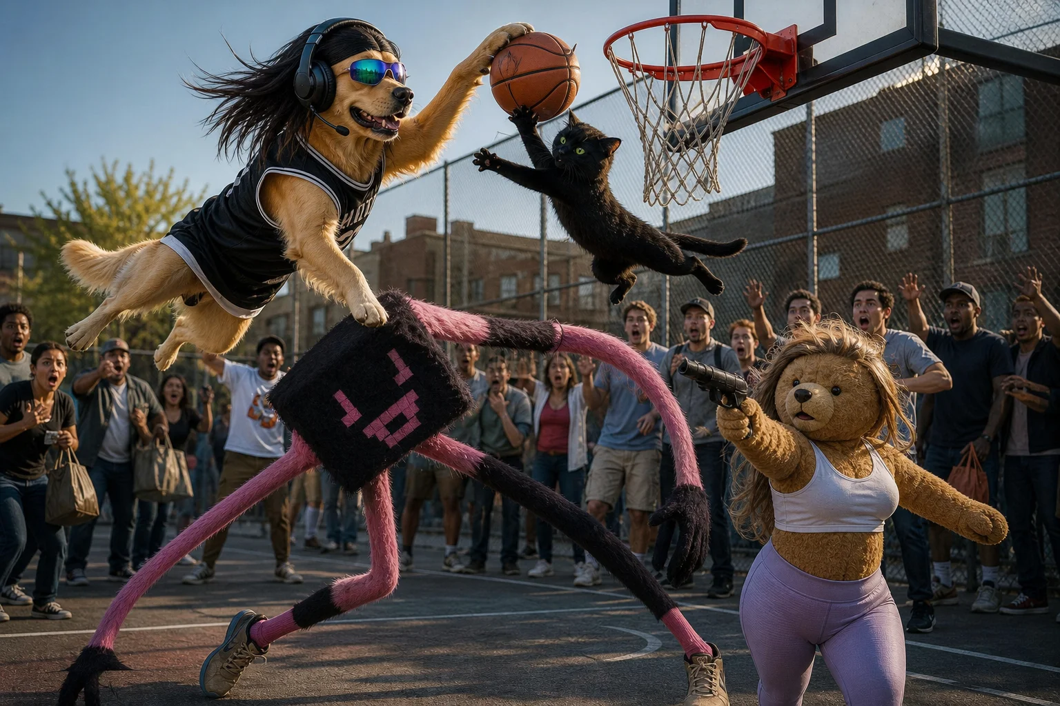 A golden retriever in sunglasses and a headset leaps for a dunk as a black cat swats the basketball away, with a strange fluffy creature and theatrically dressed teddy bear on an urban outdoor court.