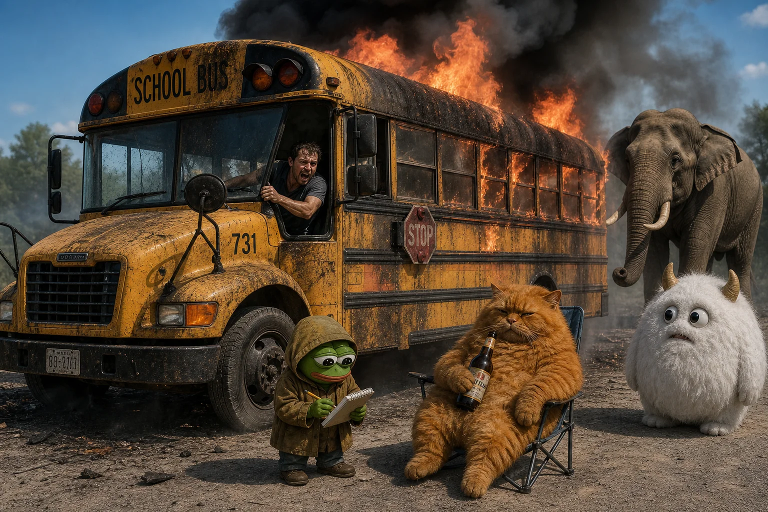 In daylight, a frantic man struggles to drive a burning yellow school bus as flames and smoke billow around it, while an elephant, tiny note-taker, beer-sipping cat, and horned furry creature watch nearby.