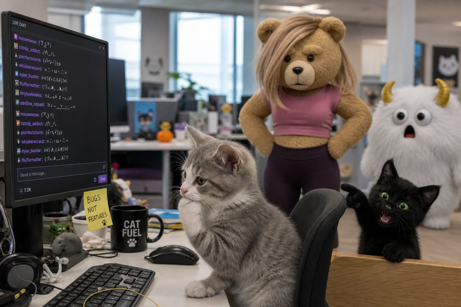 A pensive gray-and-white kitten rests one paw on its chin at a cluttered office workstation, while a teddy bear boss and other whimsical creatures watch nearby and a monitor displays a lively chat stream.