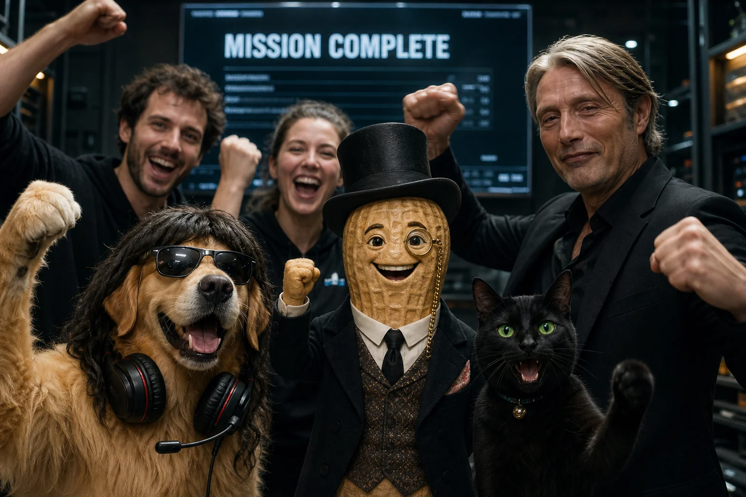 A jubilant team celebrates a hard-won success, with a gentlemanly peanut, black cat, sunglasses-wearing golden retriever, and Mads Mikkelsen posing together in a warmly lit professional group portrait.