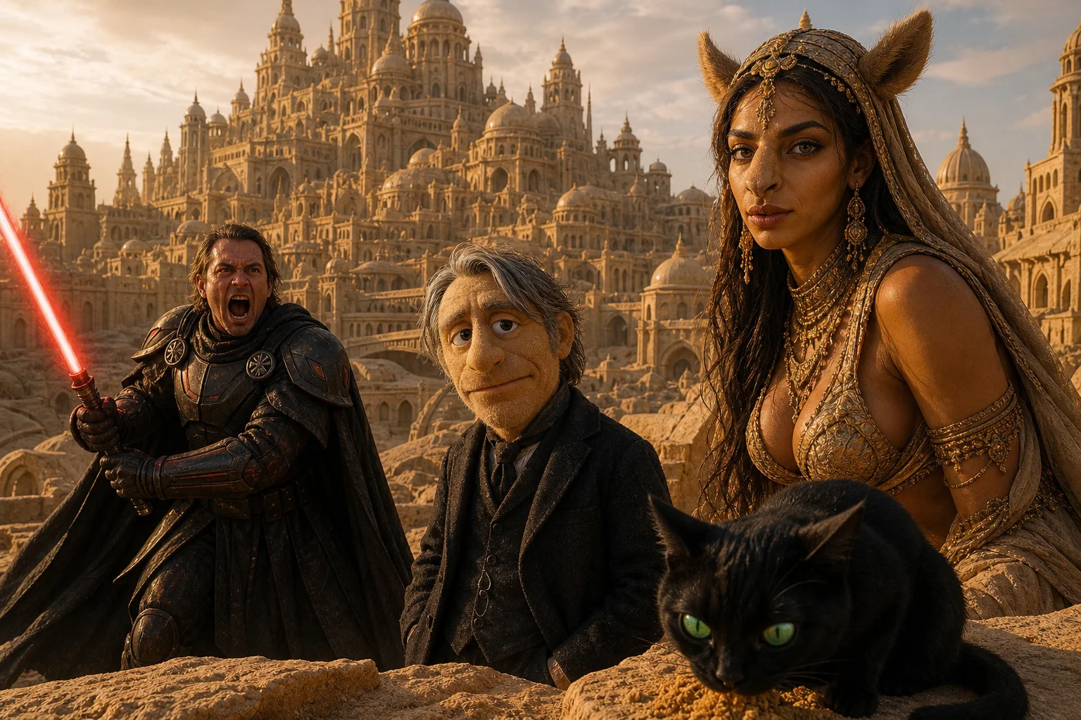 A vast golden-sand city of towers, domes, bridges, and dunes is overseen by a camel-human woman, while a black cat eats sand beside a felt puppet-like man and a dark-robed knight with a glowing red sword.