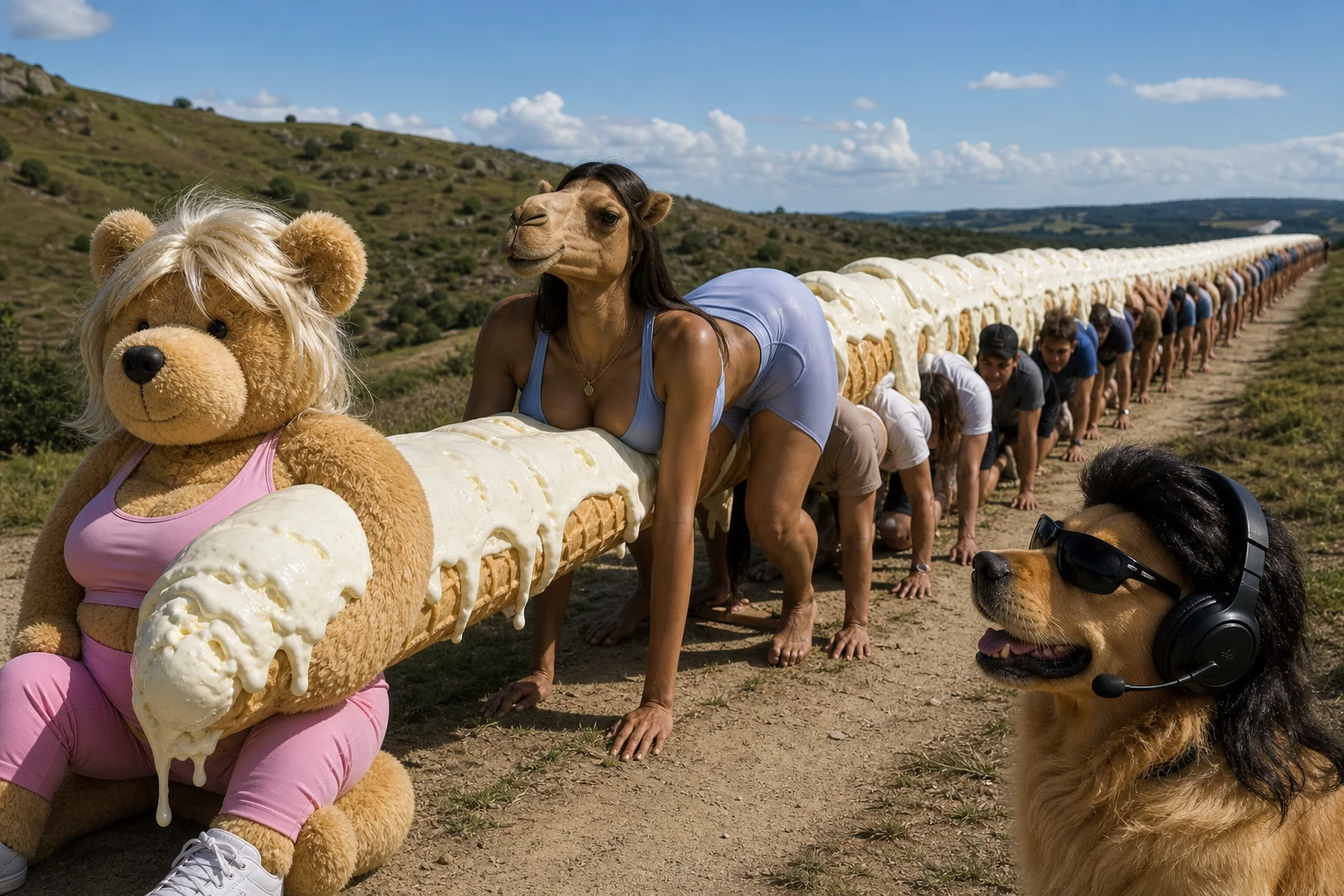 A surreal sunny landscape features an impossibly long melting vanilla ice-cream dessert, with a dressed teddy bear, camel-woman hybrid, and headset-wearing golden retriever gathered around it.