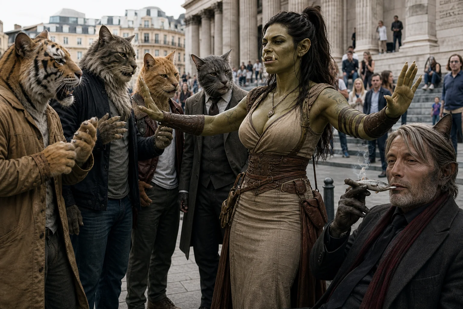 In a busy city plaza, an orc-woman hybrid calmly gestures toward a group of anthropomorphic cat men, while a dignified smoking cat man stands nearby among ordinary pedestrians.