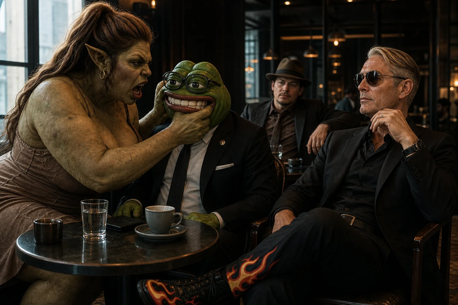 In a moody urban café, an uncanny ogre-woman hybrid confronts a bespectacled frog in a tense argument while a stylish man stands confidently nearby and a suited man in a fedora listens indifferently.
