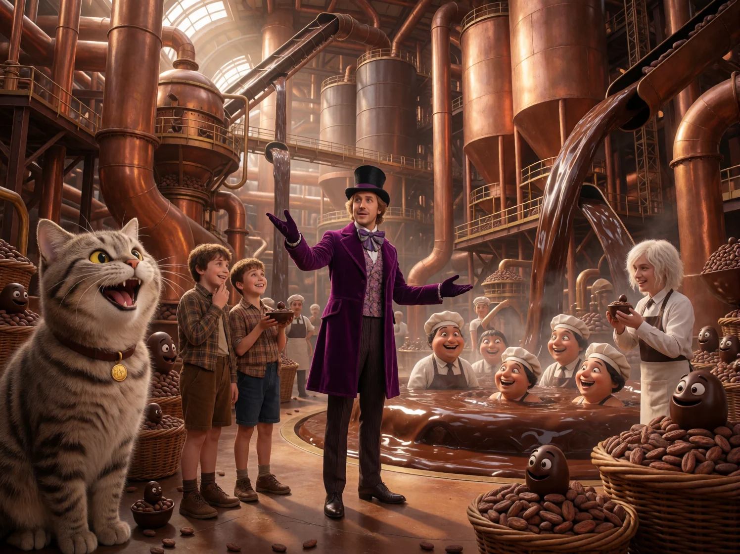 A flamboyantly dressed chocolatier presents a fantastical candy factory as mischievous visitors sample sweets, workers bathe in chocolate, and a howling big cat adds comic chaos among gleaming machinery and cocoa-bean silos.