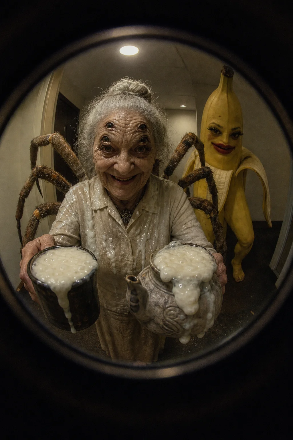Through a peephole, an elderly spider-woman hybrid offers overflowing foamy drinks in a dim hallway while a lipstick-wearing anthropomorphic banana sneaks up behind her.