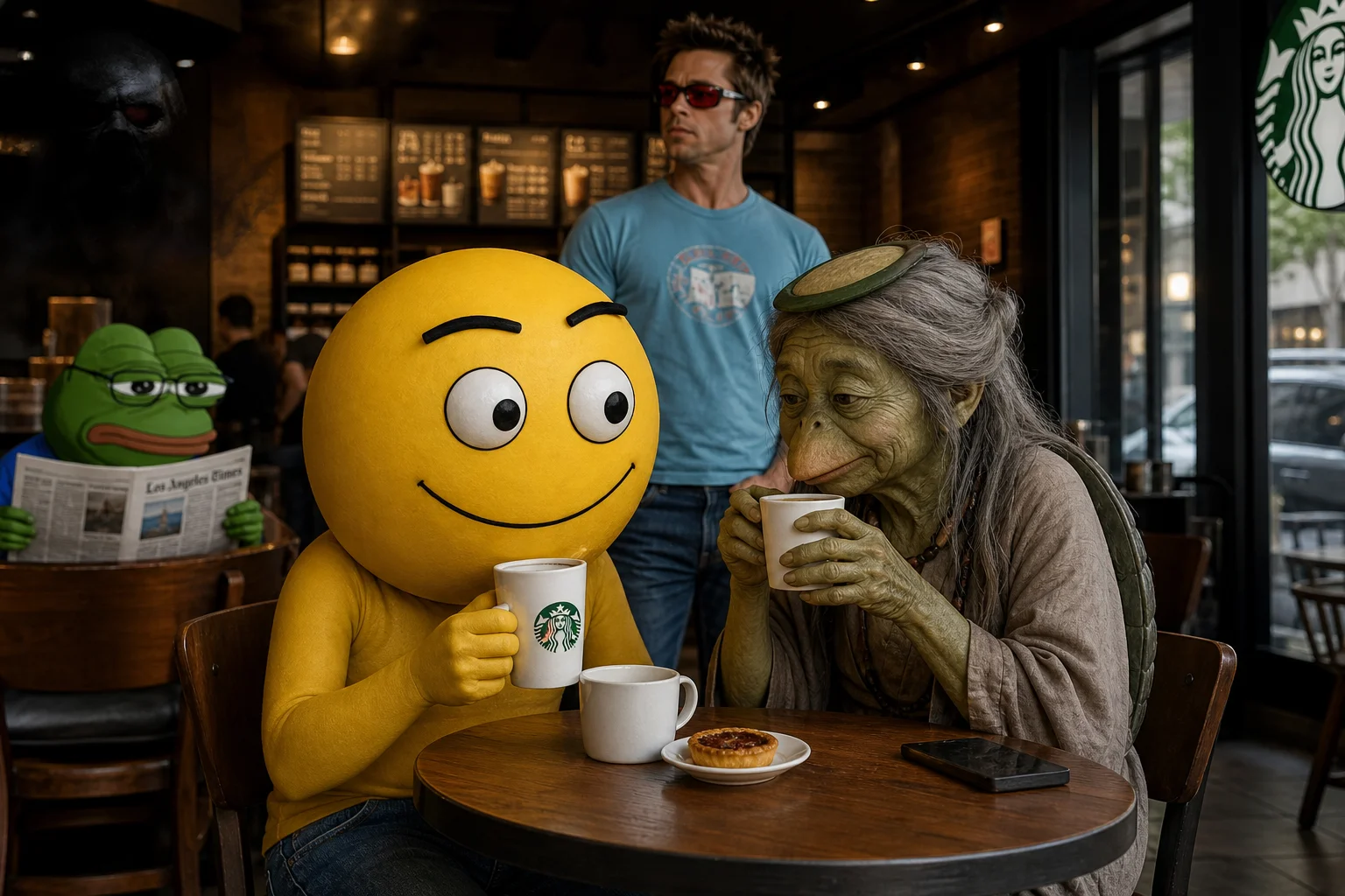 A bright yellow cartoon-faced character and an uncanny kappa–old woman hybrid share coffee at a warmly lit Starbucks, while a man in sunglasses stands behind them and a bespectacled frog reads a newspaper amid ominous shadows.