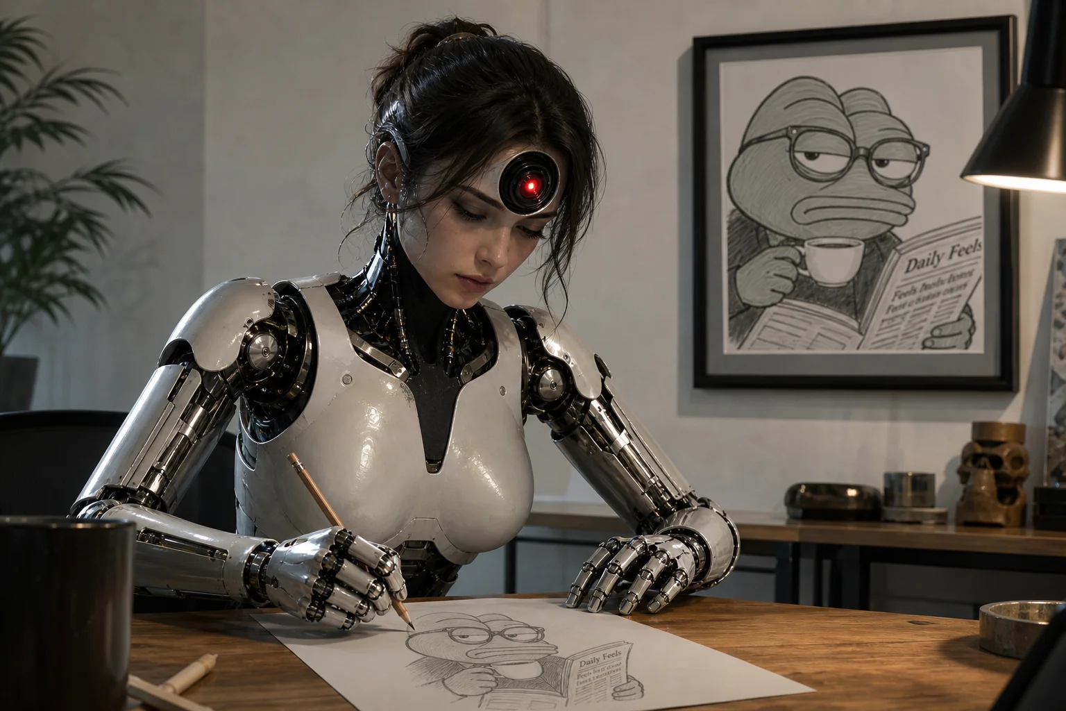 A female android with a glowing single eye sits at a desk, carefully sketching an annoyed bespectacled frog reading a newspaper and drinking coffee in a naturally lit indoor setting.