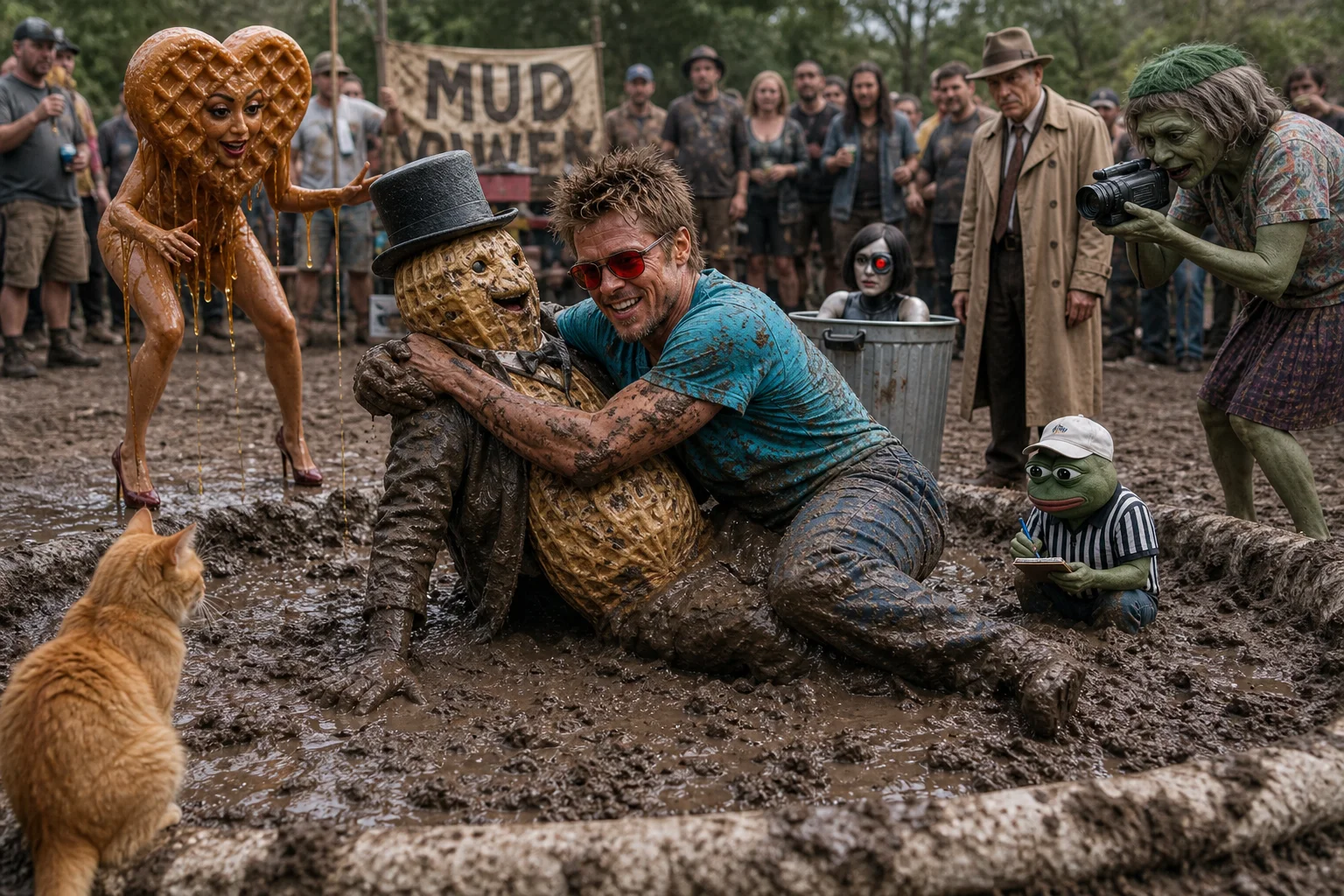 A chaotic muddy wrestling match unfolds in daylight, with a smiling peanut dressed as a gentleman grappling a sunglass-wearing man while eccentric spectators, a referee, and a cat watch around the pit.