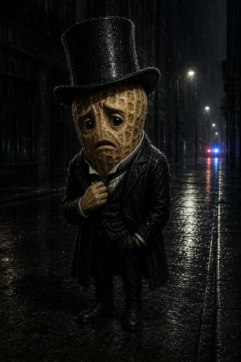A smiling peanut in a soaked suit and top hat stands alone on a rain-slick street at night, looking anxious and guilty beneath dramatic shadows and distant red and blue lights.