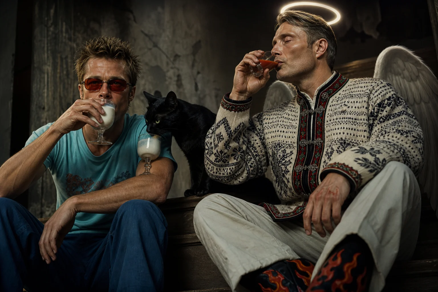 In a dim cinematic setting, a man in red-lens sunglasses sips milk as a black cat steals from the glass, while an angelic figure in traditional clothing drinks ketchup nearby.