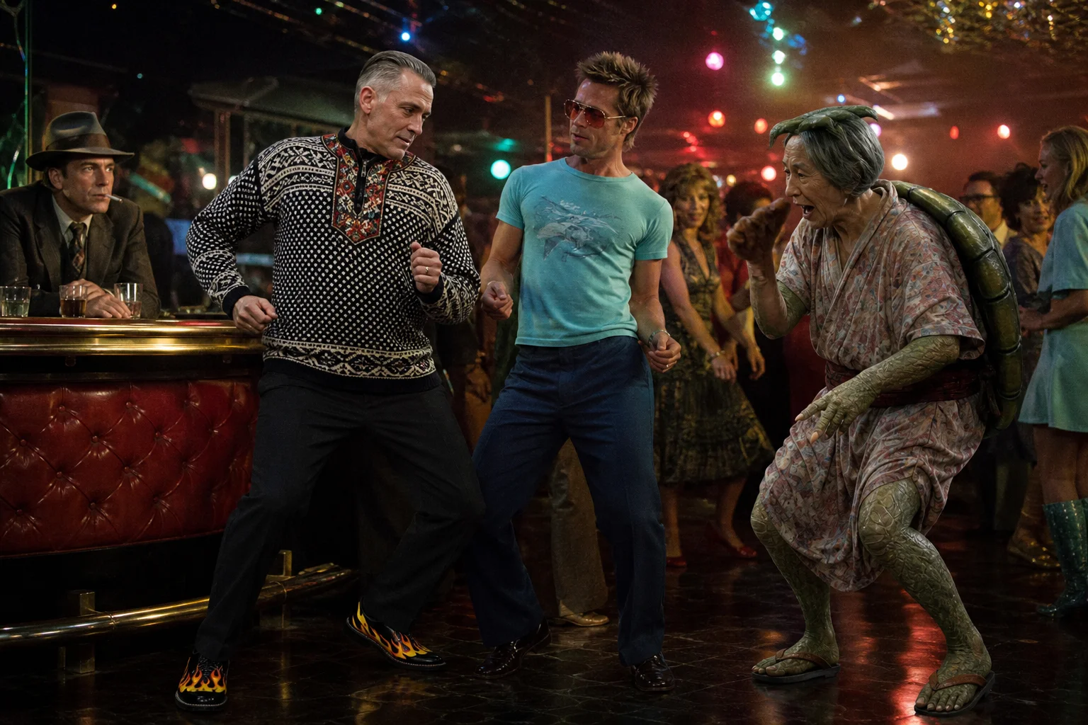 A lively retro disco bar glows with colorful lights as two stylish men and an uncanny kappa-elderly woman hybrid dance on a reflective floor, while a suited man watches and smokes at the bar.