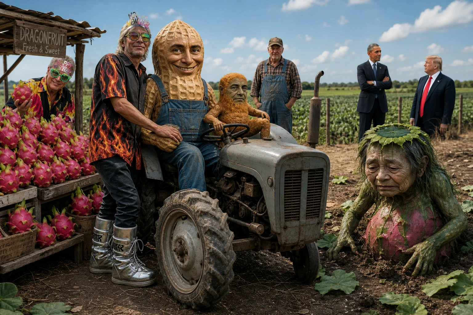 A surreal rural farm scene shows a smiling peanut in overalls as a tractor, with a farmer and nugget passenger, while an elderly kappa-like fruit figure and a flamboyant vendor selling dragonfruit stand nearby.