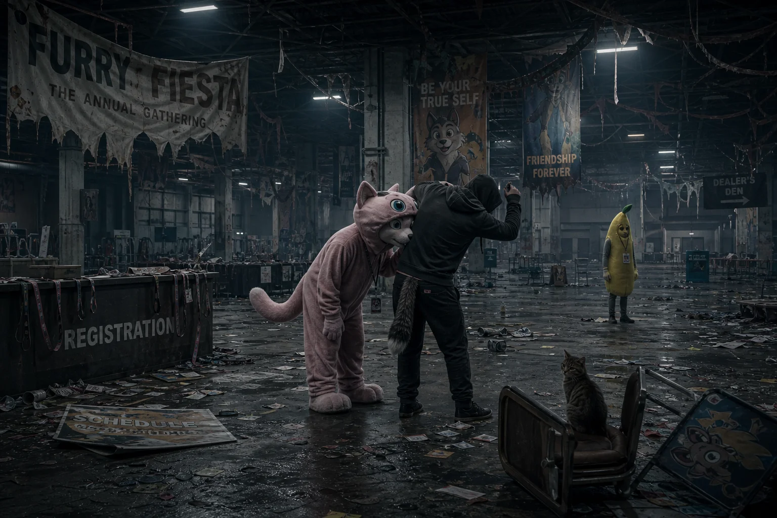 An abandoned furry convention hall lies in bleak disarray as a wolf in an oversized cat costume sniffs a bent-over attendee, while a lemon-costumed figure and cat sit beneath flickering lights.