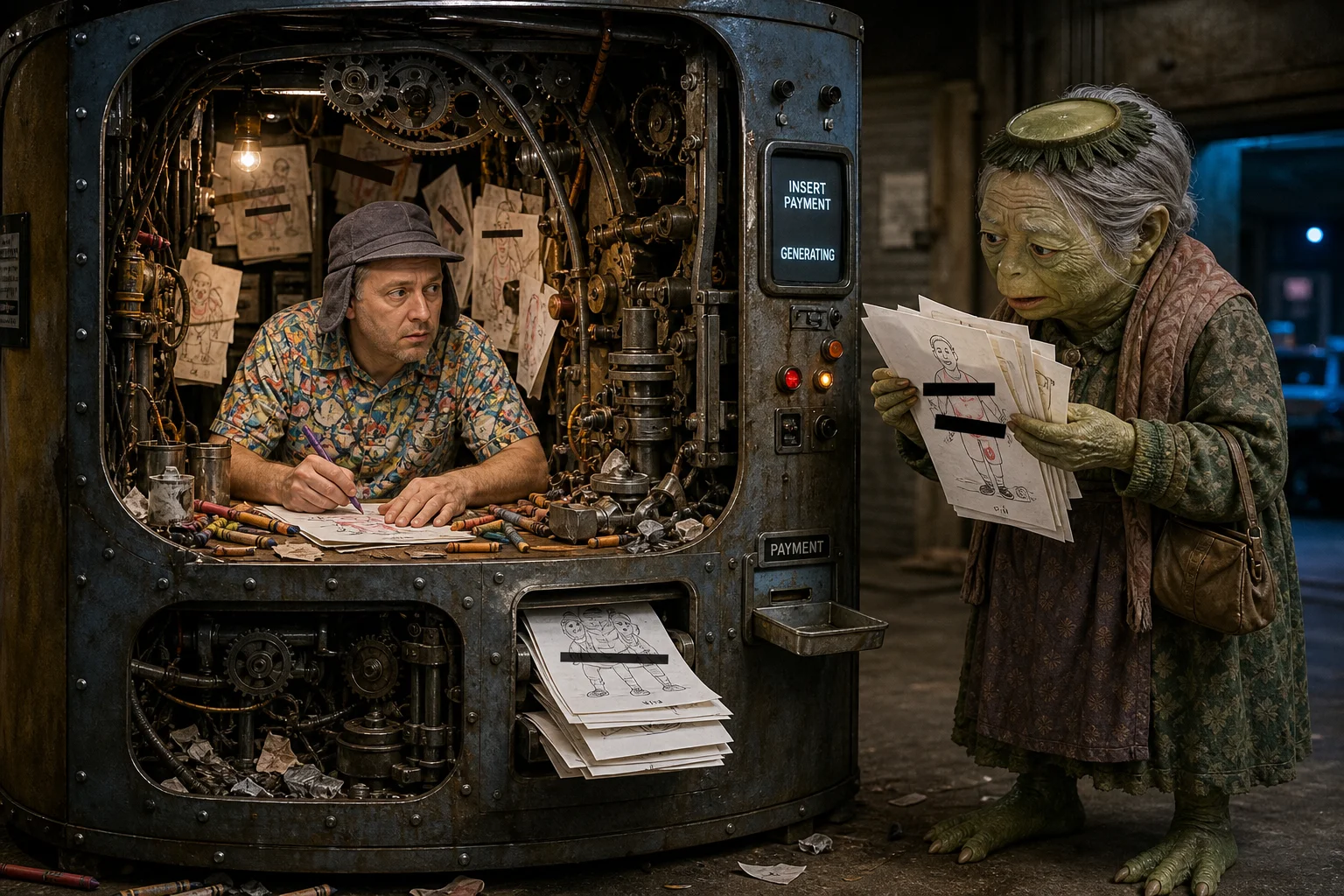 A cutaway image-making machine reveals an overworked man drawing with crayons inside while a kappa-like elderly woman outside examines and buys a stack of censored drawings in a realistic studio setting.