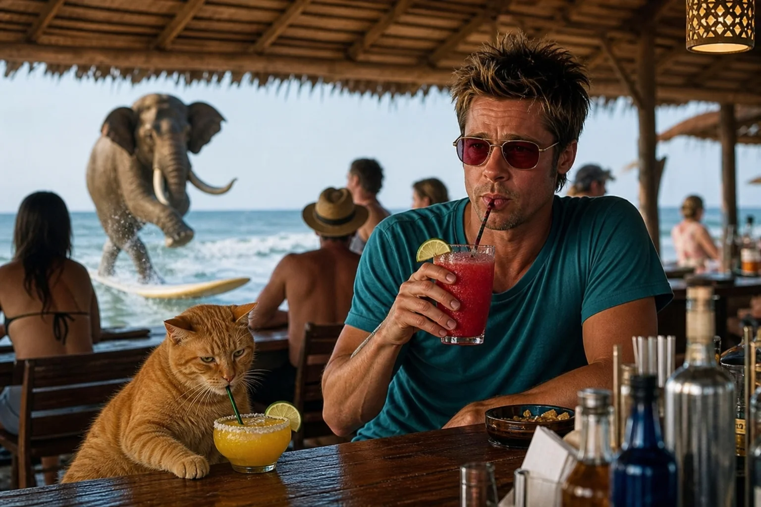 An orange cat and a man in sunglasses casually sip colorful margaritas at a sunny beach bar while an elephant performs a wild stunt in the background.