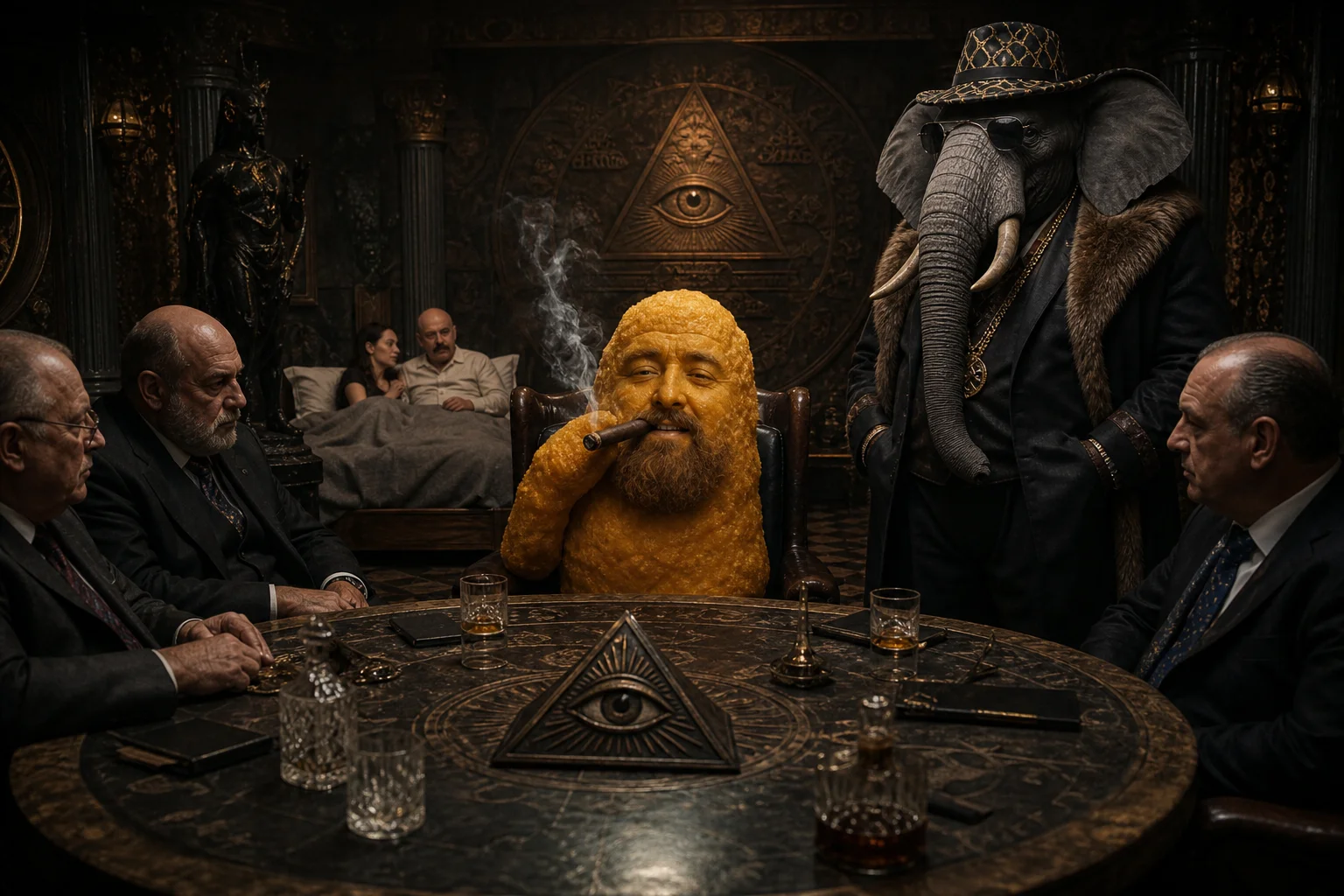 A humanoid chicken nugget with a recognizable streamer’s face smokes a cigar beside a stylish elephant, while two adults share a bed in a dim, dramatically lit underground meeting room.