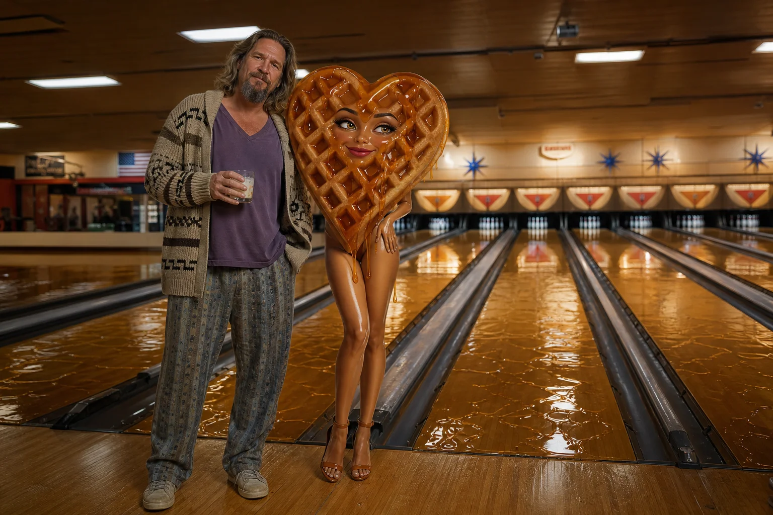 A rugged bowler holding a creamy cocktail stands beside a feminine anthropomorphic heart-shaped waffle figure in heels, while maple syrup glistens across several lanes of a warmly lit retro bowling alley.