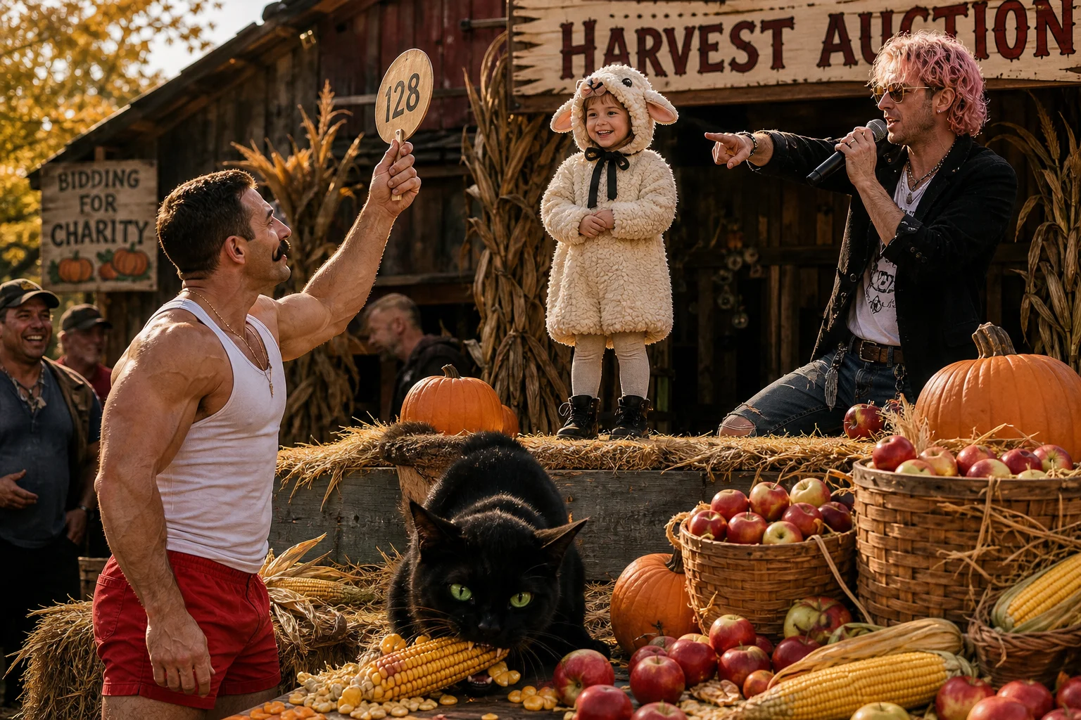 At a lively autumn harvest festival, a girl in a sheep costume stands on a decorated mock-auction platform while a muscular man raises a bidding paddle, a pink-haired auctioneer presides, and a black cat eats among pumpkins and apples.