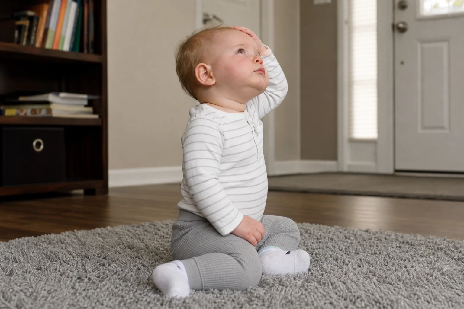 A disappointed baby in profile rests one hand on their head and looks upward with a puzzled, crestfallen expression in a softly lit, natural setting.