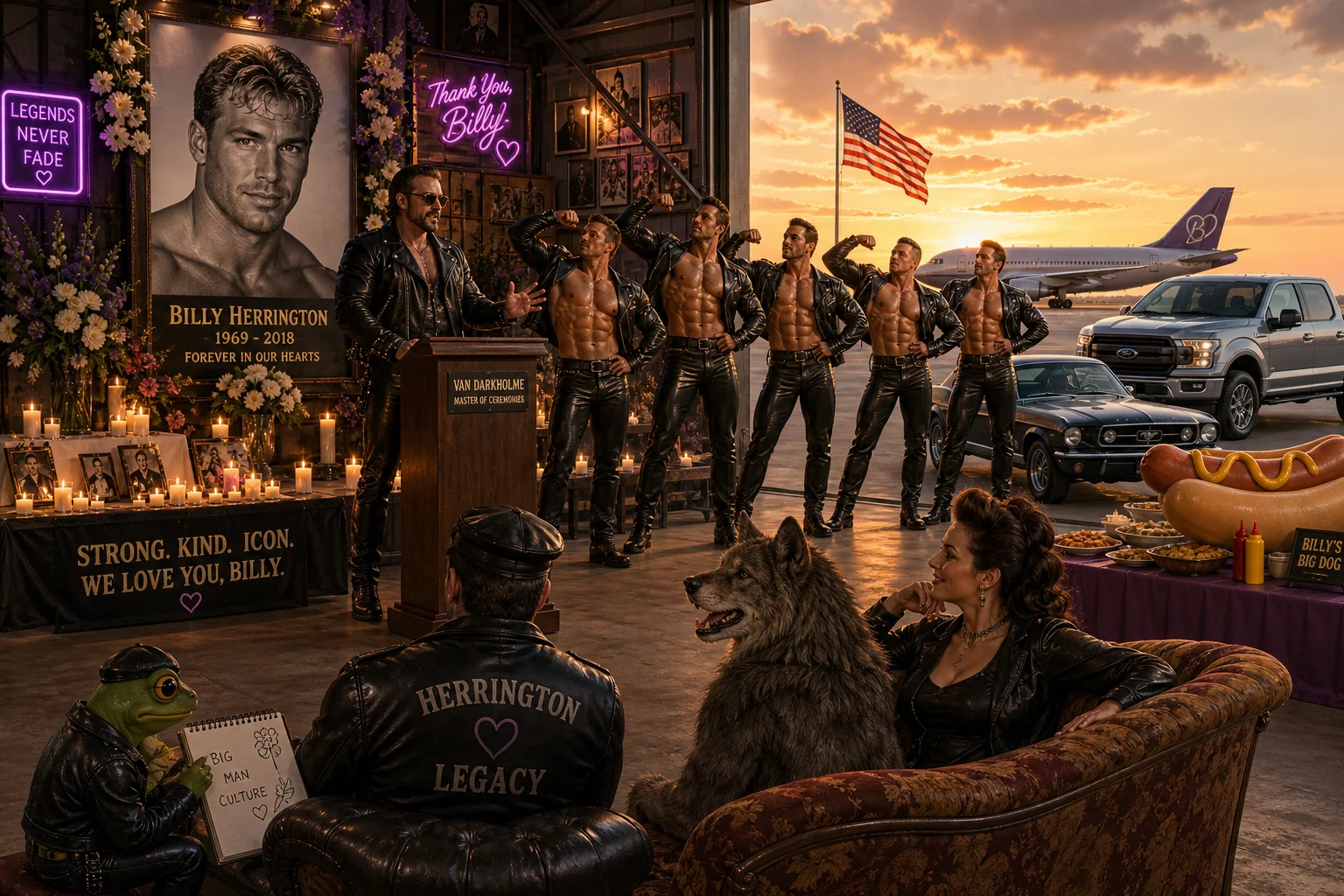 A surreal sunset memorial service unfolds in a converted aircraft hangar, with a speaker at a podium, candlelit portrait and flowers, muscular men posing nearby, a werewolf mourner, and vehicles visible outside.