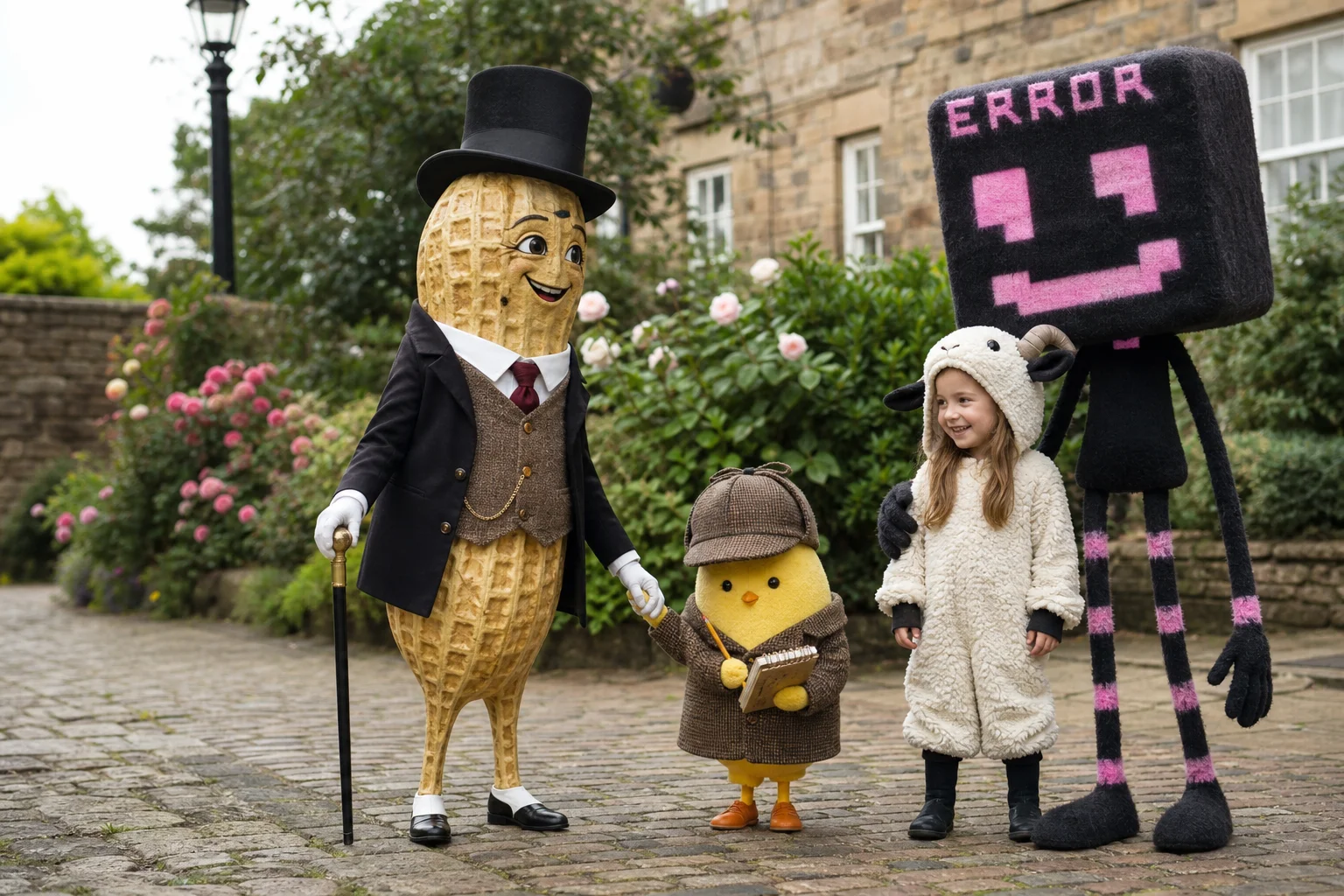 A whimsical group gathers outdoors in natural light: a gentlemanly peanut holds hands with a note-taking character while a girl in a sheep costume stands beside a floppy-limbed creature.