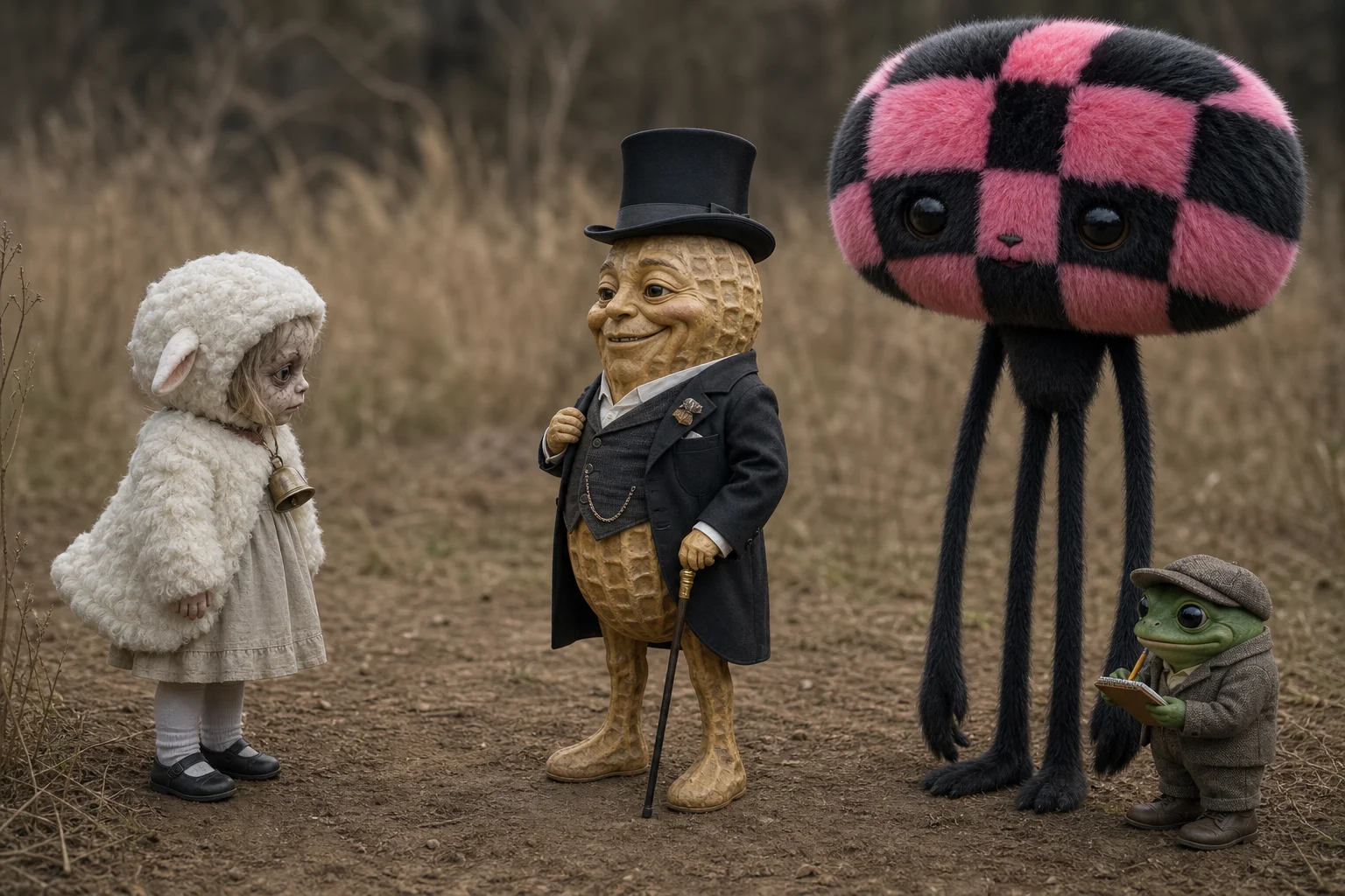 A surreal group portrait in an outdoor clearing shows an uncanny sheep-costumed girl facing a smiling gentleman peanut, while a distorted fluffy creature and a tiny note-taking figure stand supportively beside him.