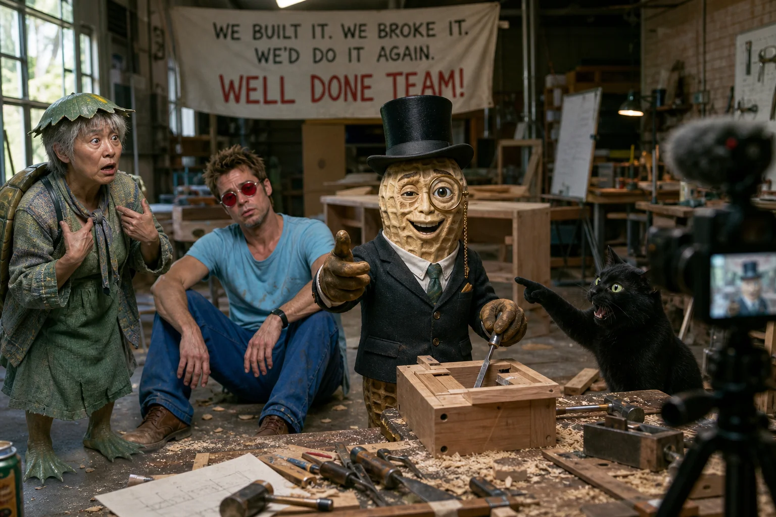A chaotic workshop team celebrates a completed project as a peanut gentleman handles tools, an exhausted man rests nearby, and a black cat points accusingly during the candid group interaction.