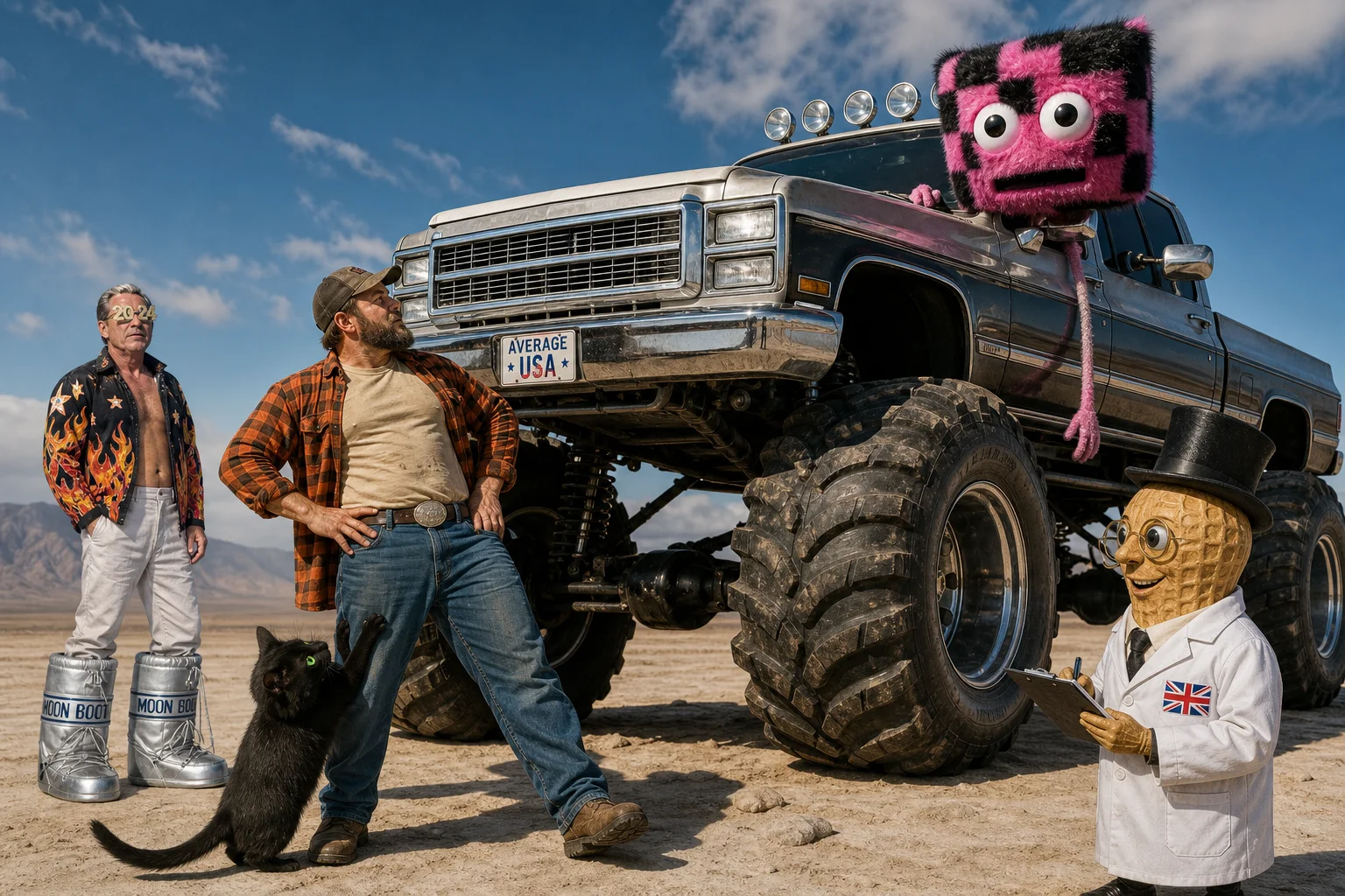 A bewildered man stands beside an enormous lifted pickup truck as a black cat scratches him, while a lab-coated peanut observes and a bizarre long-limbed creature drives through a brightly lit surreal outdoor scene.