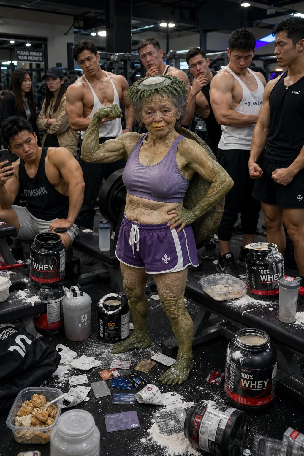A confident kappa-like elderly woman hybrid flexes at the center of a crowded commercial gym, surrounded by anxious young bodybuilders, scattered protein tubs, shaker bottles, and meal-prep containers.