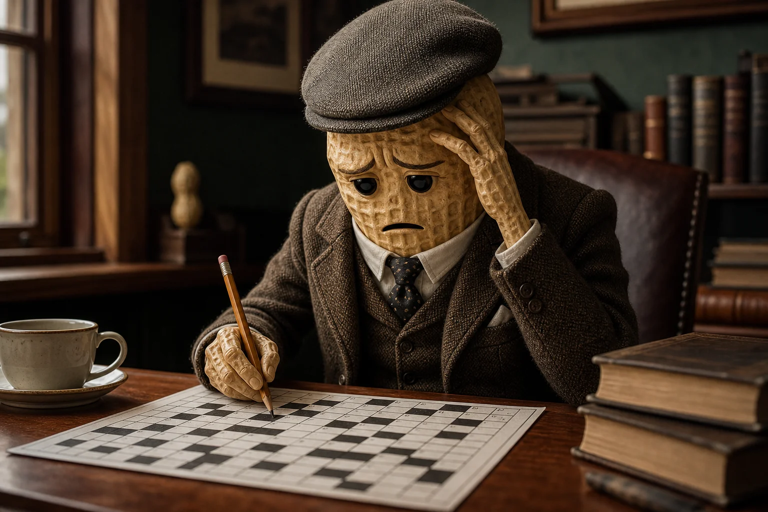 A smiling peanut in a tweed British gentleman’s outfit sits at a desk, intensely working on a crossword with a pencil in a warmly lit, restrained study.