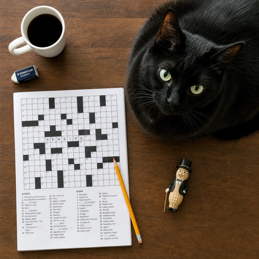 An overhead photograph shows a mostly unfinished crossword with “PENSIVE” filled in, beside a tiny gentlemanly peanut and a huge green-eyed black cat on a softly lit tabletop.