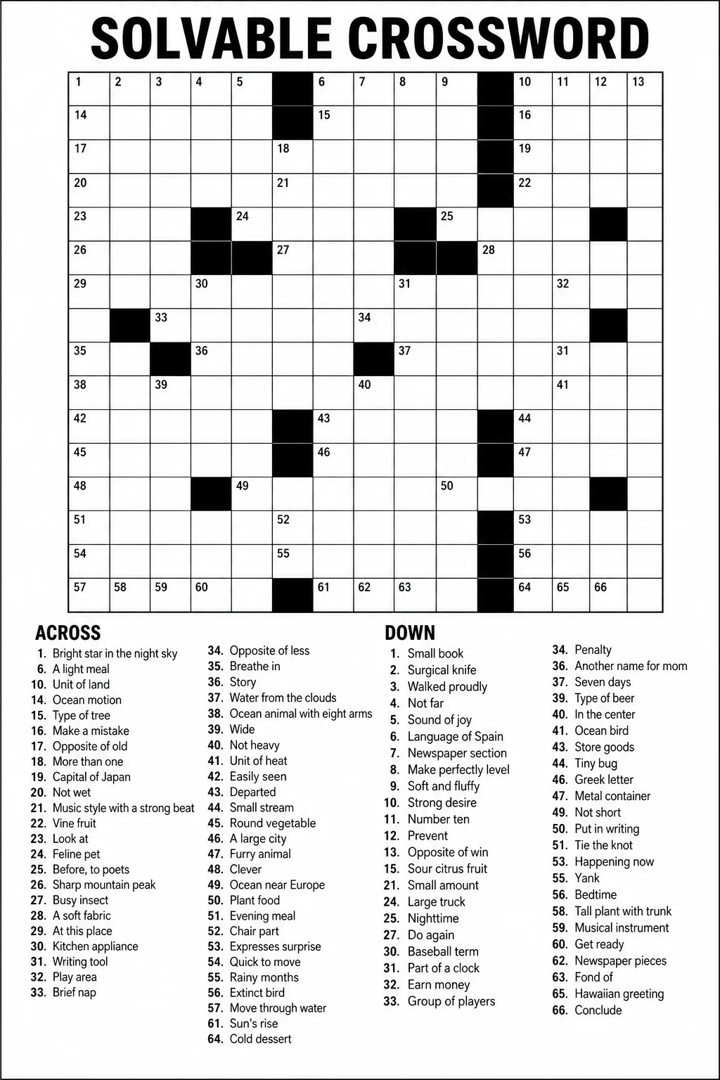 A polished printable crossword puzzle sheet shows a blank numbered grid and organized Across and Down clues on a clean white page, designed for people to solve collaboratively.