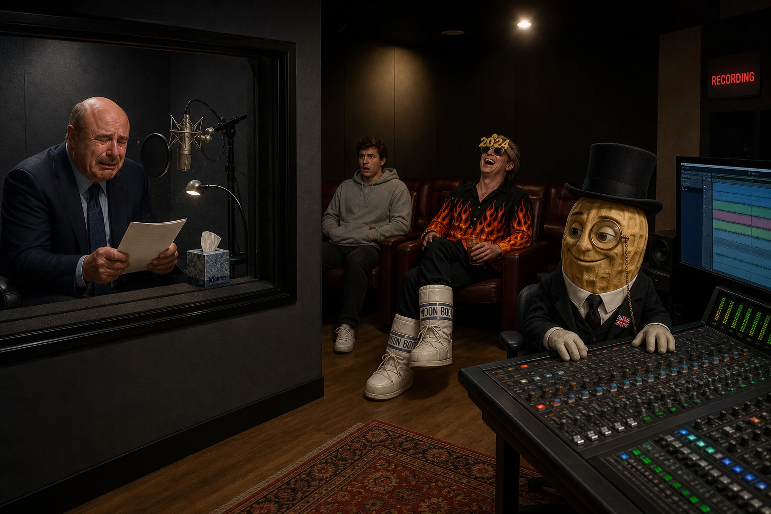 A crying man records into a microphone in a dim sound studio while a stunned audience watches, including a laughing man in flamboyant glasses and a smiling peanut in a shell working at the mixing console.