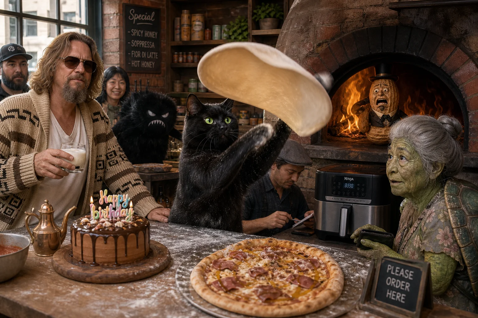 A black cat with vivid green eyes energetically tosses pizza dough over a flour-dusted counter in a lively rustic pizzeria kitchen, with a traditional oven, air fryer, and patrons in the background.