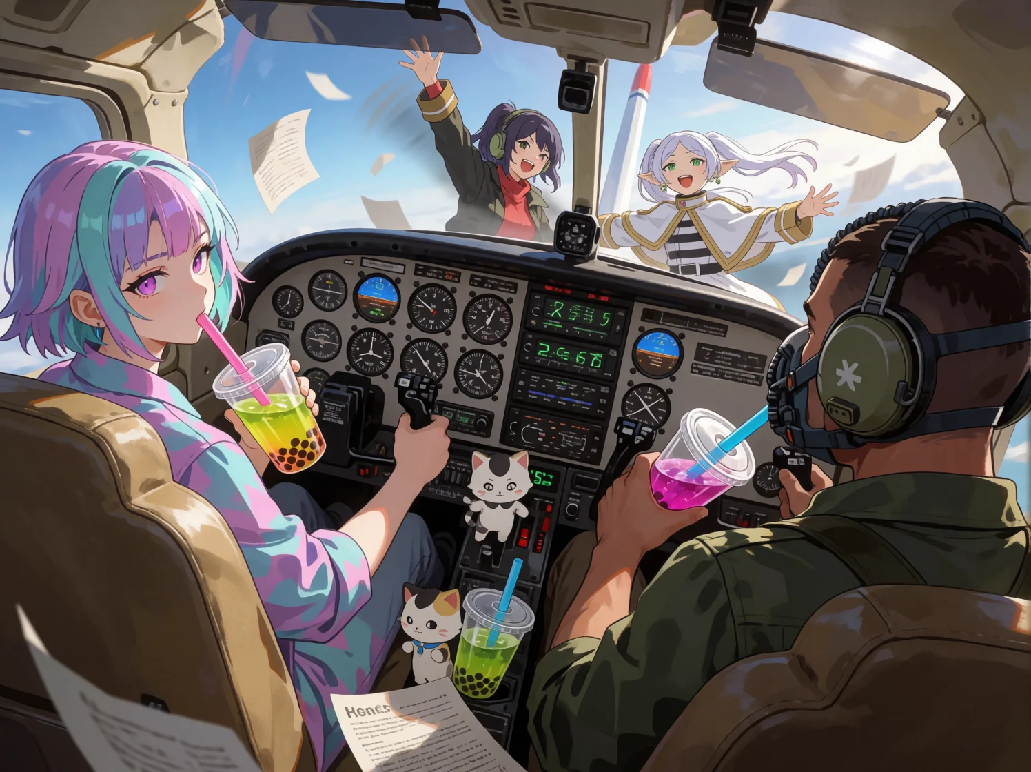 A masked pilot struggles to control a malfunctioning light aircraft as papers fly, while kittens drink boba and passengers party in the chaotic cockpit.