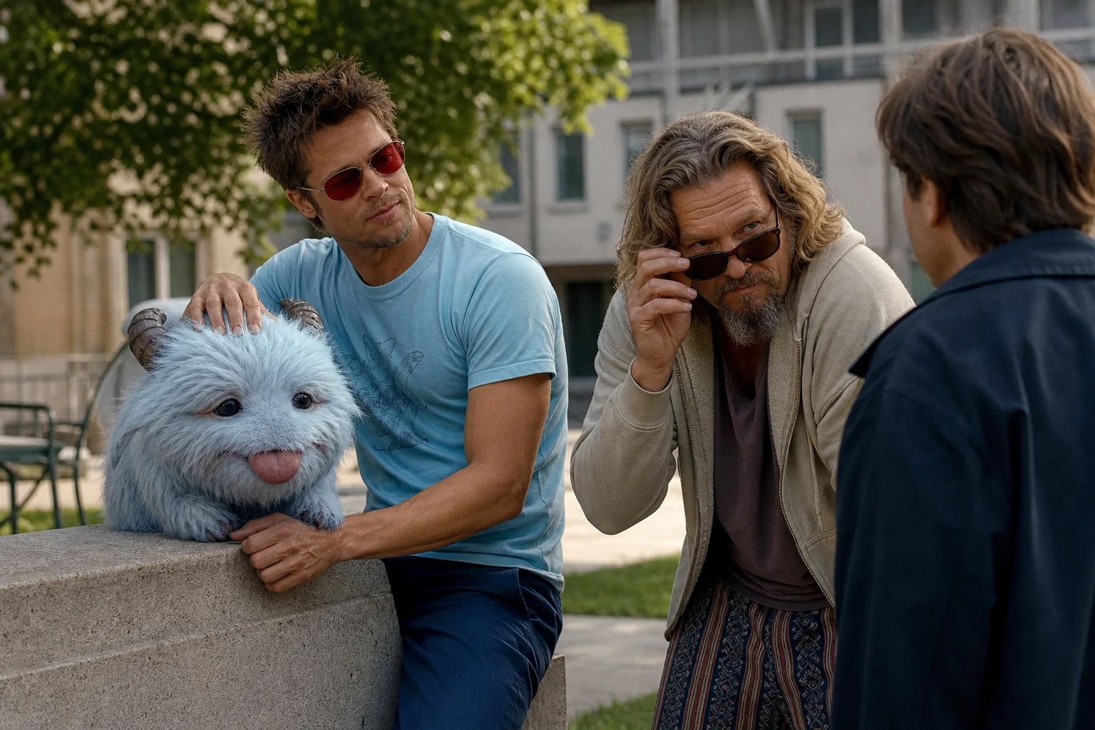 Outdoors in daylight, a man in sunglasses gently pets a small blue creature while another man lowers his sunglasses and looks intently toward a nearby person.