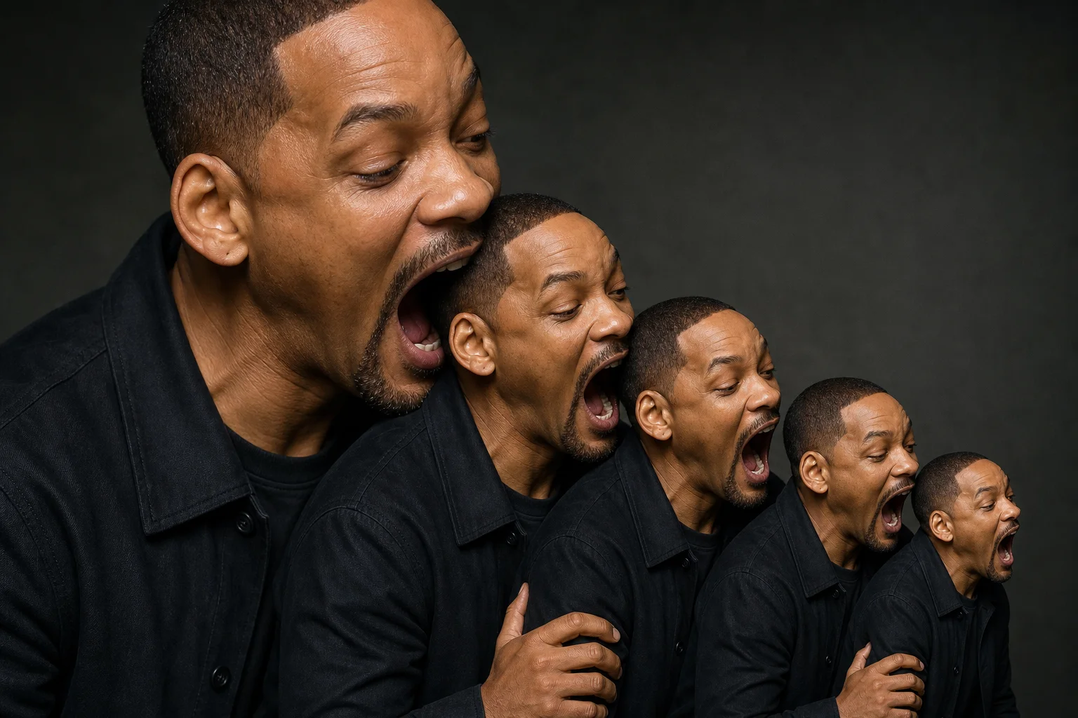 A surreal, photorealistic studio editorial scene depicts five recognizable portrayals of Will Smith arranged in a fantastical recursive chain, each appearing to eat the next under dramatic lighting.
