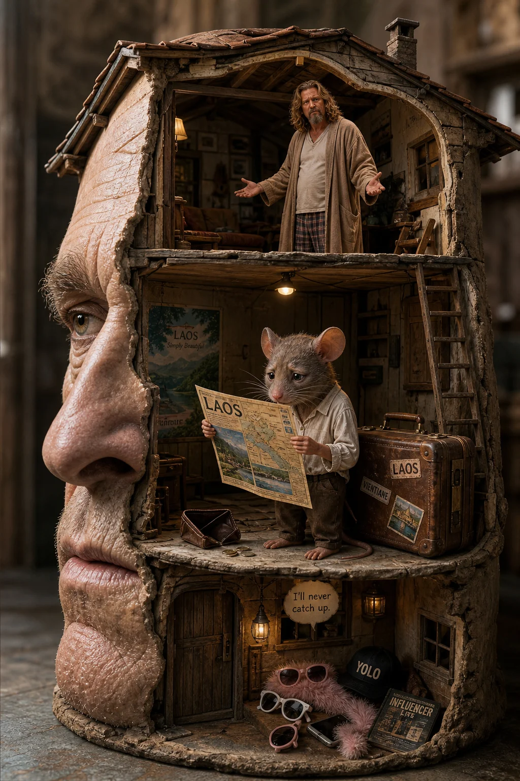 A surreal cutaway house built inside a giant human face contains a dejected mouse with an empty wallet, suitcase, and map, while a confused man observes the whimsical scene.
