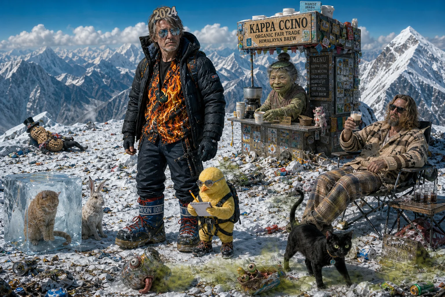 On Mount Everest’s snowy summit, an exhausted note-taking figure stands beside a flamboyantly dressed climber, surrounded by scattered litter, lively cats, a tiny coffee kiosk, and other surreal expedition characters.