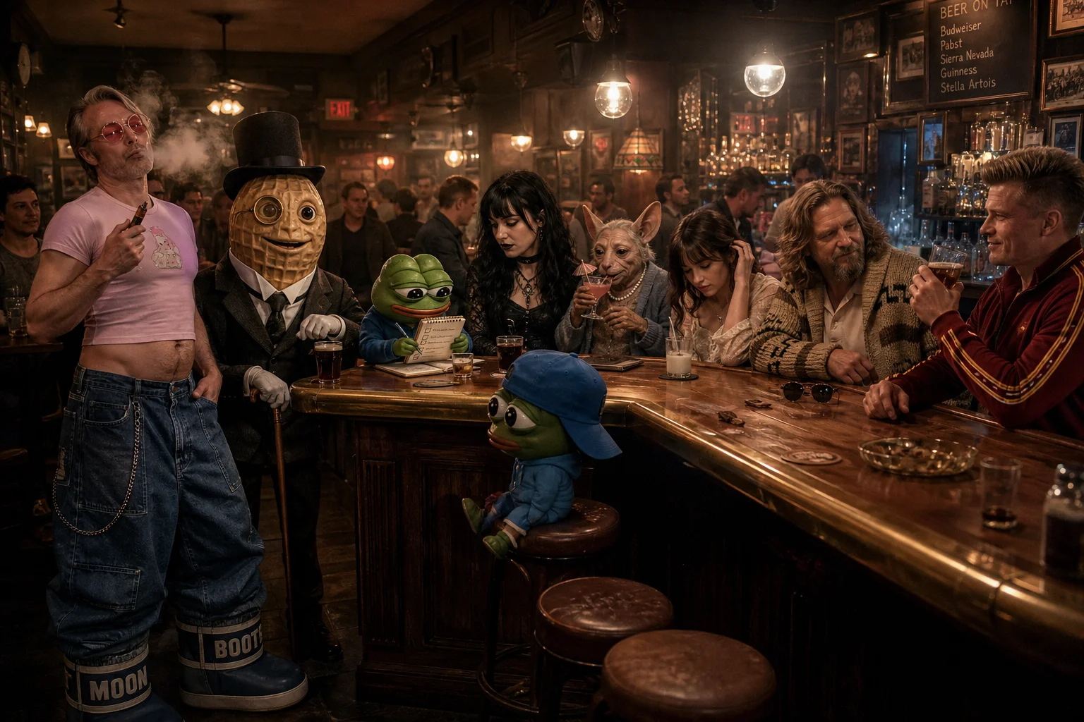 A tiny frog takes notes at a bar counter amid eclectic human and creature patrons, including a vaping man, a gentleman peanut, and a reclining drinker, in a warm, smoky neighborhood bar at evening.