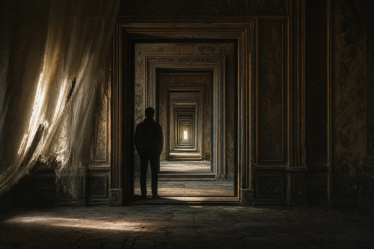A lone human silhouette stands in an ancient corridor of endlessly repeating doorways, facing a distant glow amid drifting dust and a torn curtain in moody low light.